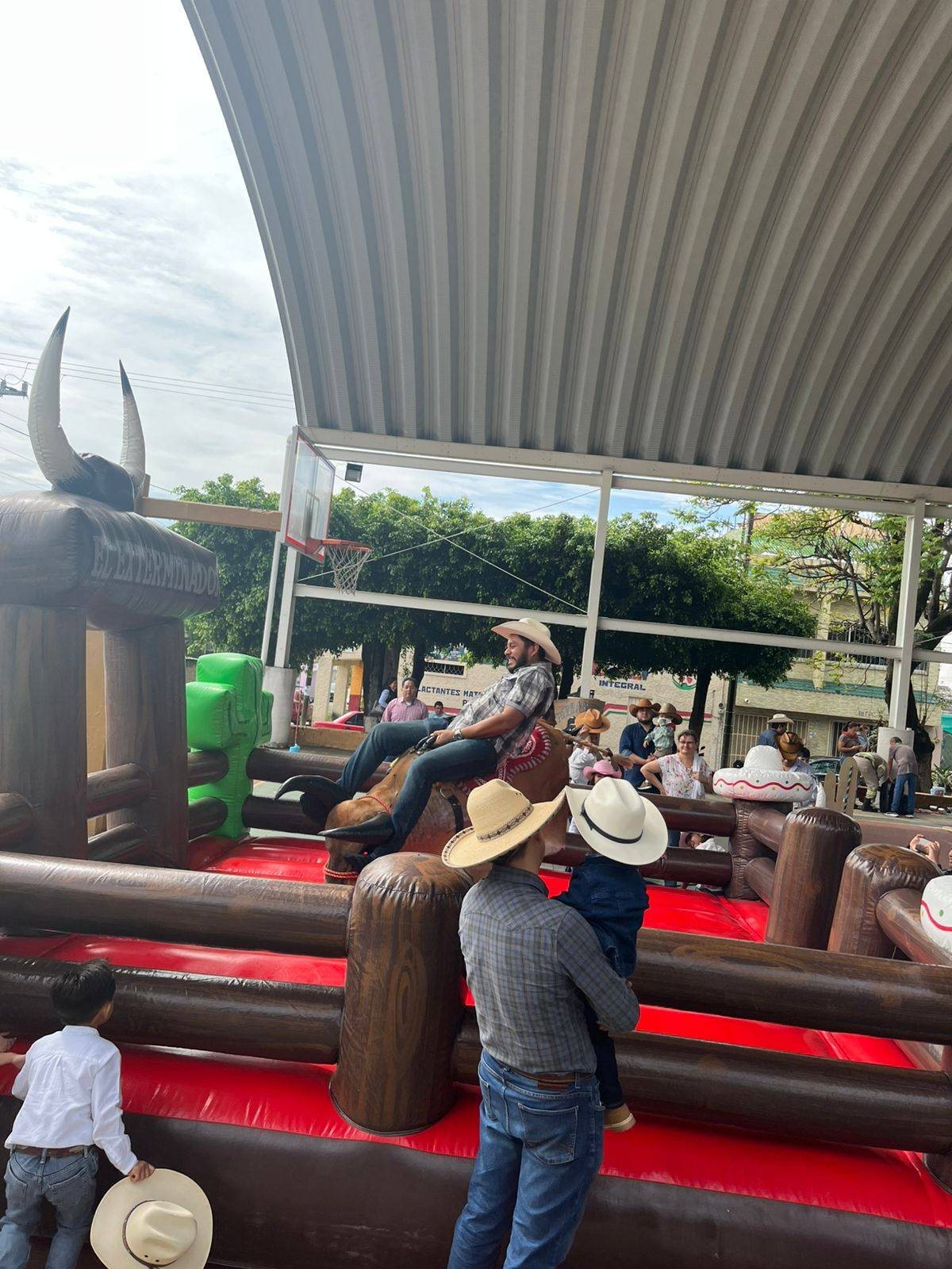 Toro mecánico inflable El Exterminador en jardín